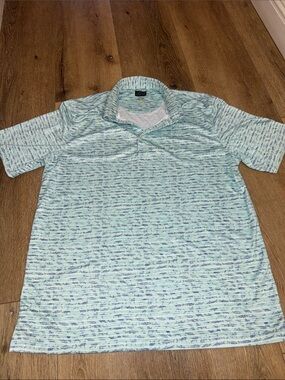 Greg Norman Collection Light Aqua and Navy Striped Polo